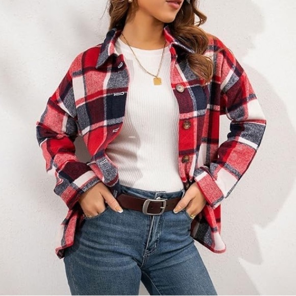 Goodnight Macaroon Winnie Red Plaid Flannel Button Up Shacket Size Medium NWT - Picture 1 of 16